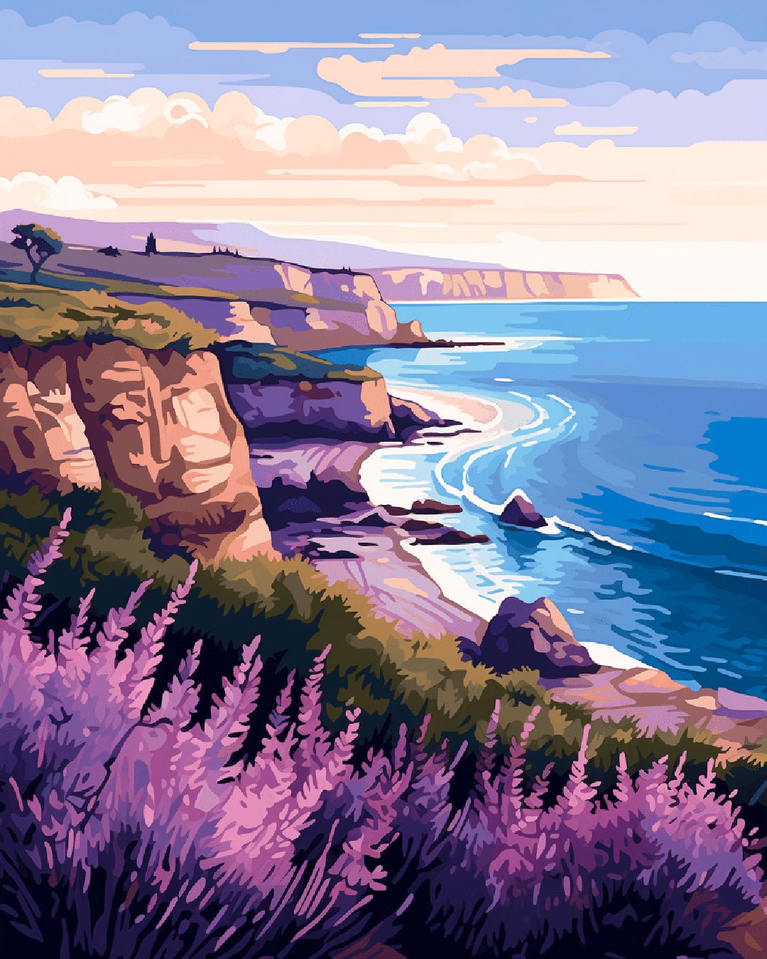 Raw landscape image of Lavender Coastline Calm paint by numbers kit with cliffs sea and purple blooms by Tinta Canvas