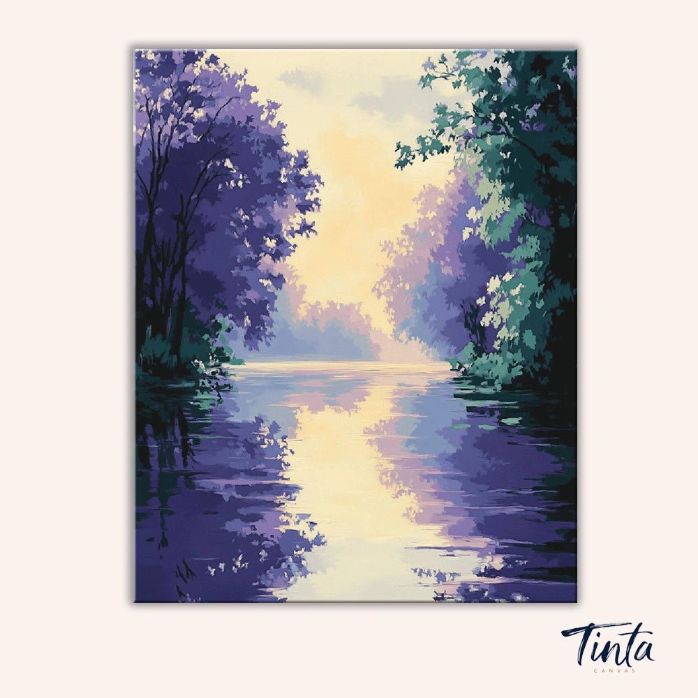 Clean artwork of the Lavender River paint by numbers kit featuring a glowing river framed by purple trees at sunset by Tinta Canvas