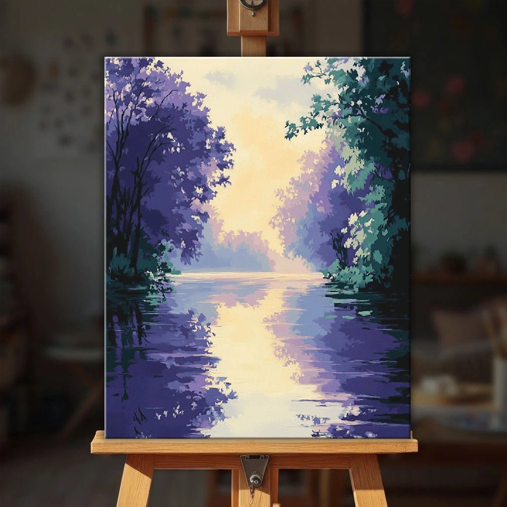 Lavender River paint by numbers kit displayed on an easel showing tranquil water reflections and lavender colored trees by Tinta Canvas