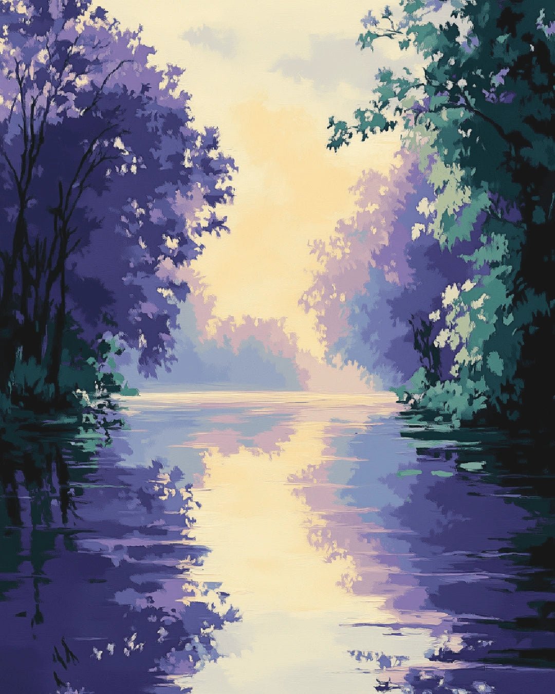 Raw landscape artwork from the Lavender River paint by numbers kit showing calm water reflecting soft sunset light by Tinta Canvas