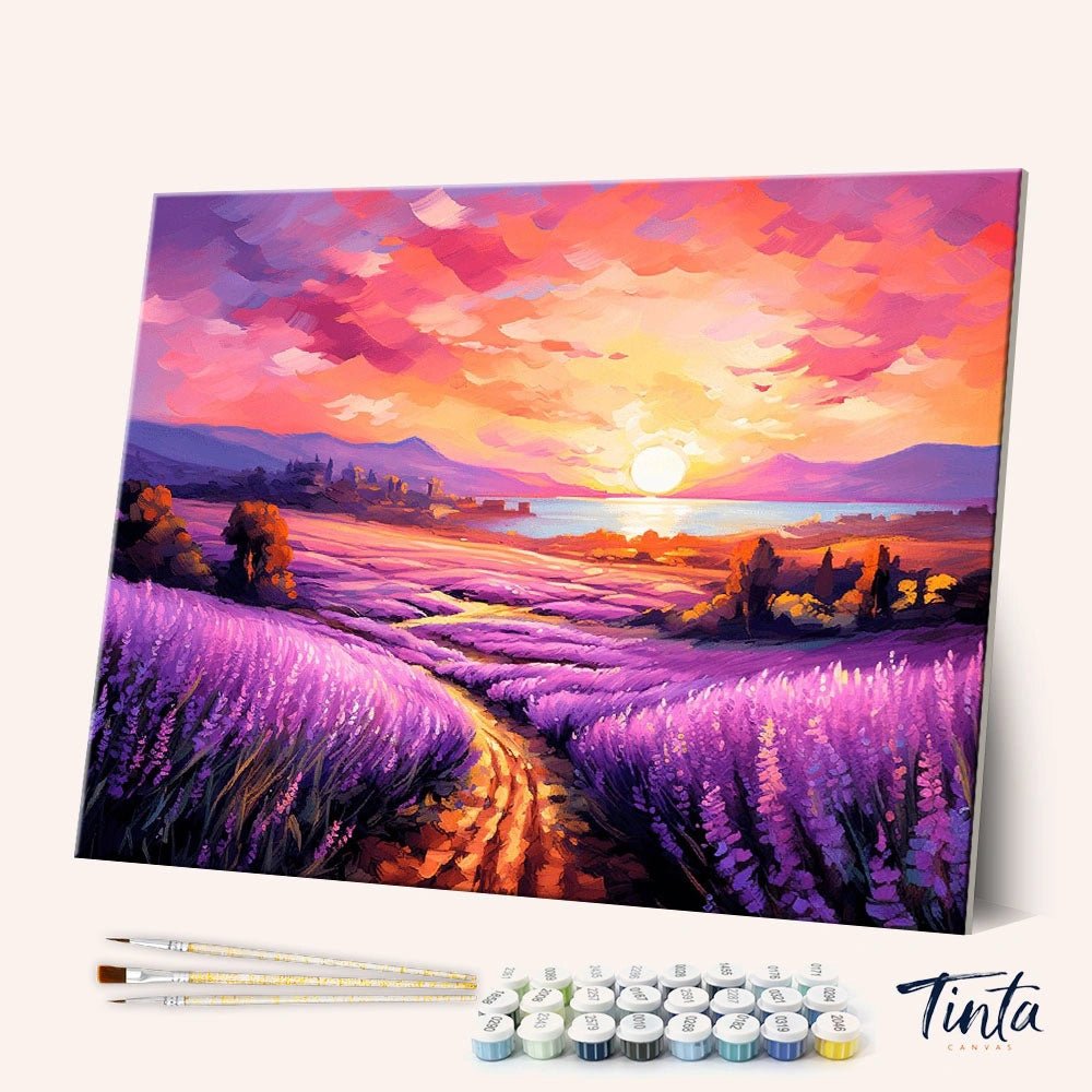 Lavender Sunset Path paint by numbers kit angled display showing sunset lavender field canvas with paint pots and brushes by Tinta Canvas
