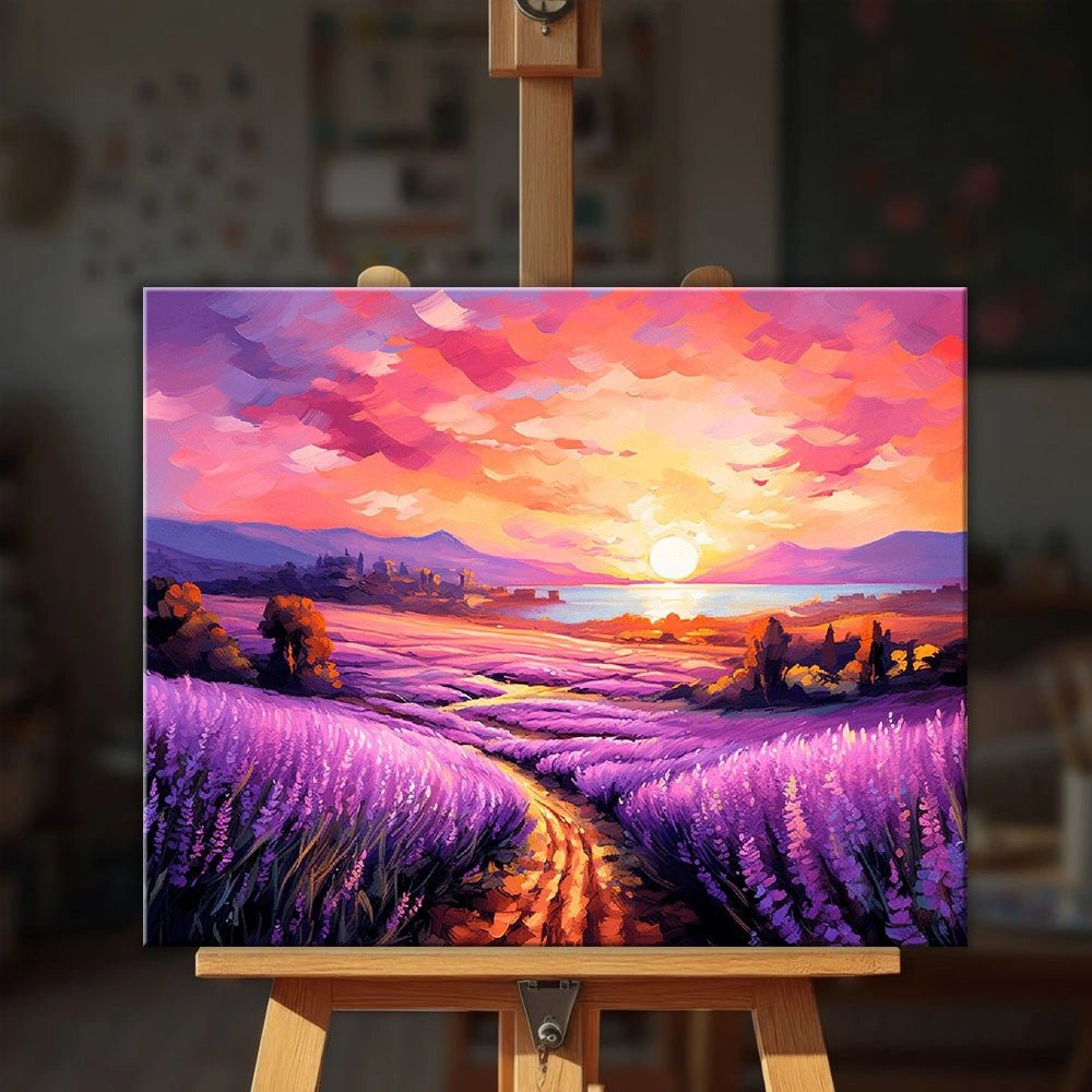 Lavender Sunset Path paint by numbers kit displayed on an easel showing finished sunset lavender landscape painting by Tinta Canvas