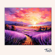Lavender Sunset Path paint by numbers kit artwork featuring a glowing sunset over purple lavender fields and a winding path by Tinta Canvas