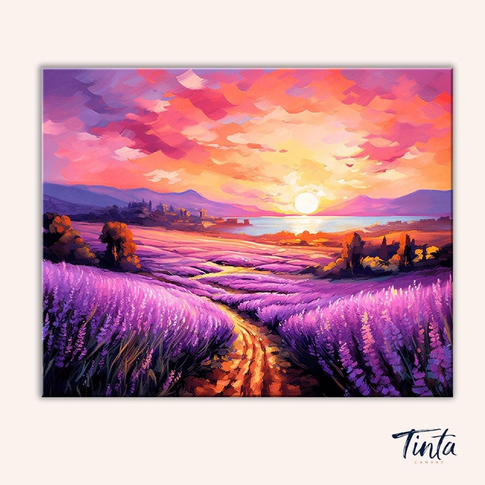 Lavender Sunset Path paint by numbers kit artwork featuring a glowing sunset over purple lavender fields and a winding path by Tinta Canvas