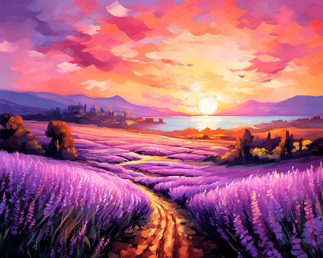 Lavender Sunset Path paint by numbers kit raw image showing vibrant lavender rows leading to a golden sunset horizon by Tinta Canvas