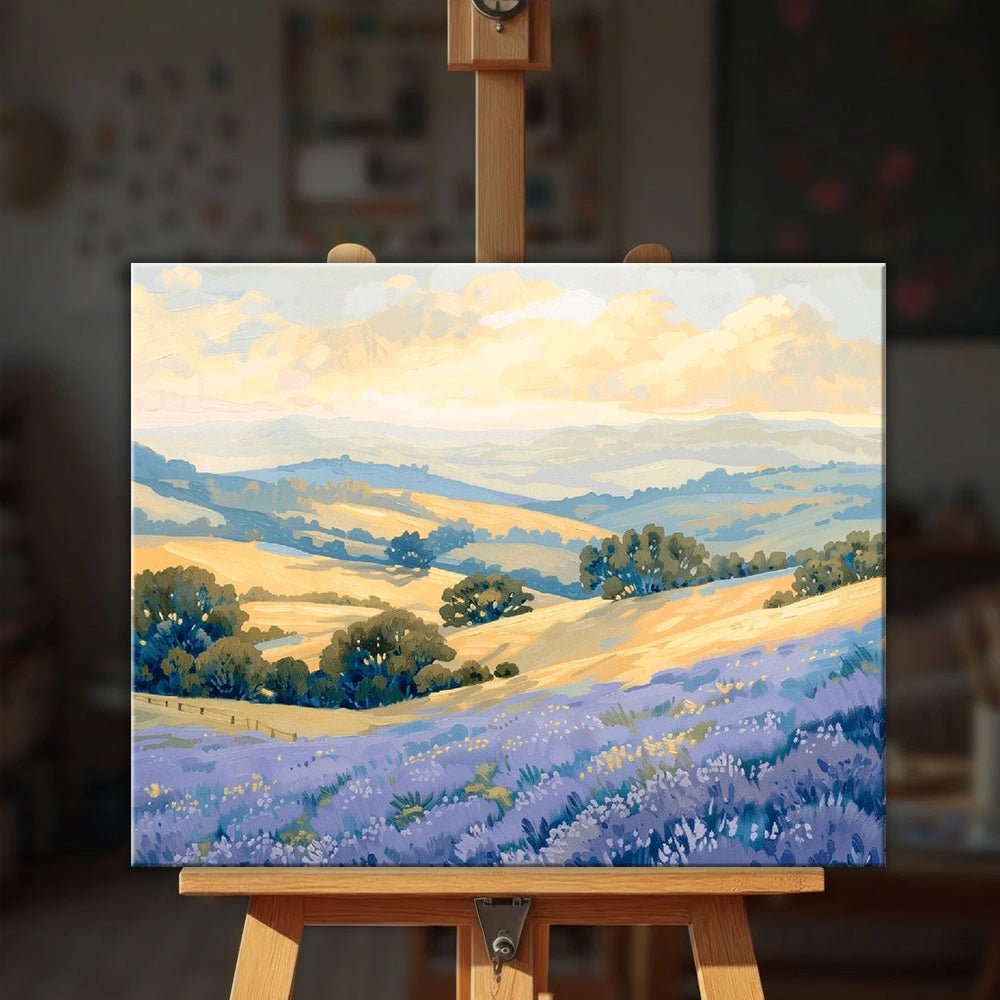 Lavender Valley Light paint by numbers kit displayed on an easel showing finished lavender field landscape painting by Tinta Canvas