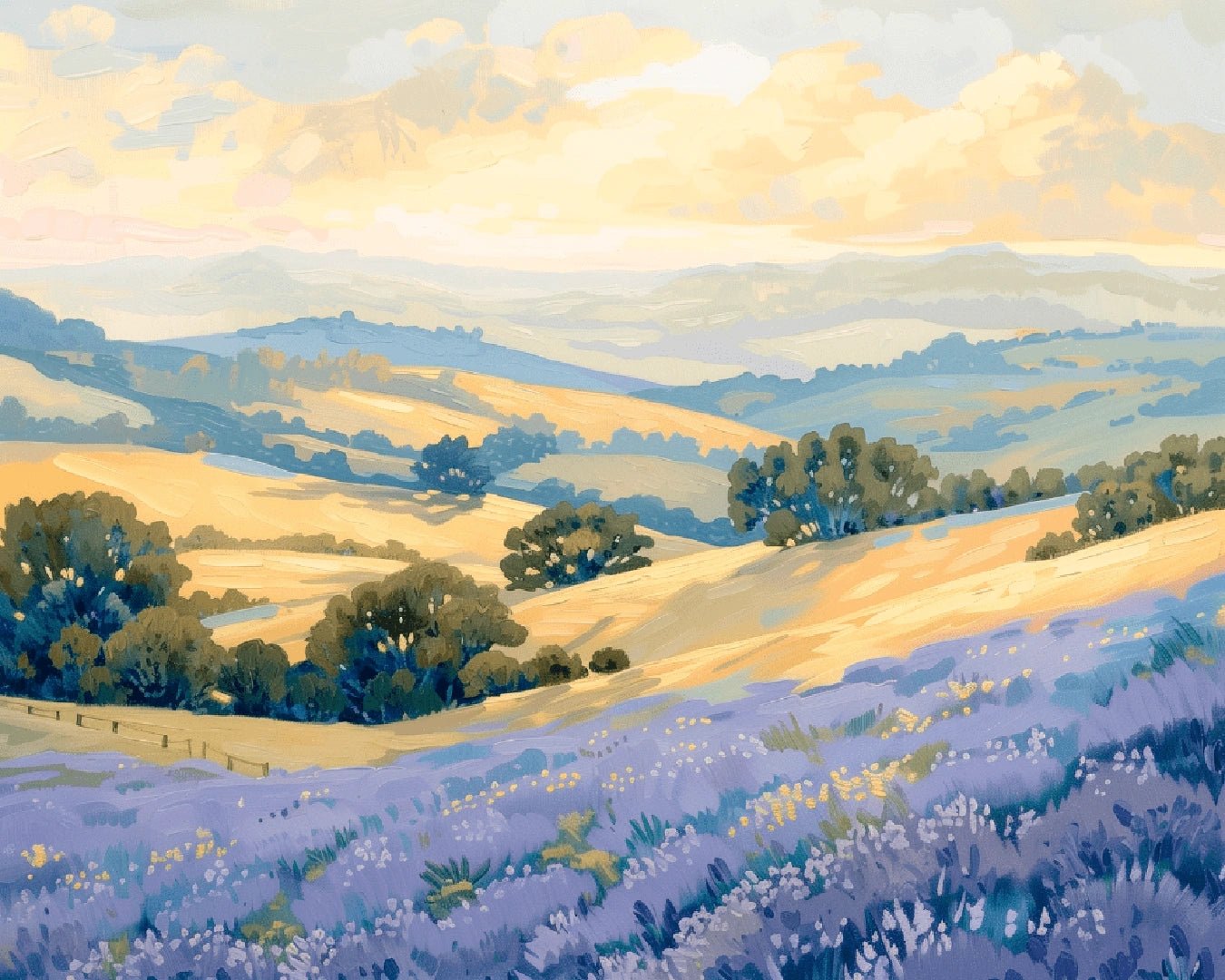 Lavender Valley Light paint by numbers kit raw image showing soft purple lavender fields across golden hills under warm light by Tinta Canvas
