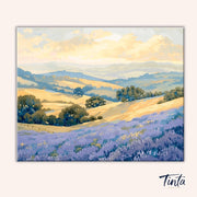 Lavender Valley Light paint by numbers kit artwork featuring purple lavender fields rolling through a sunlit countryside valley by Tinta Canvas