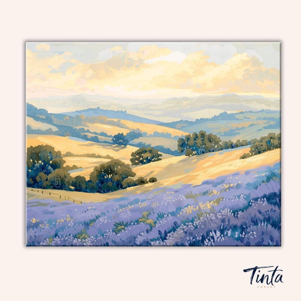 Lavender Valley Light paint by numbers kit artwork featuring purple lavender fields rolling through a sunlit countryside valley by Tinta Canvas