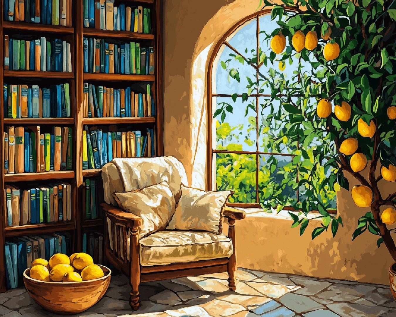 Paint by numbers canvas featuring a sunlit reading nook with a lemon tree and bookshelves
