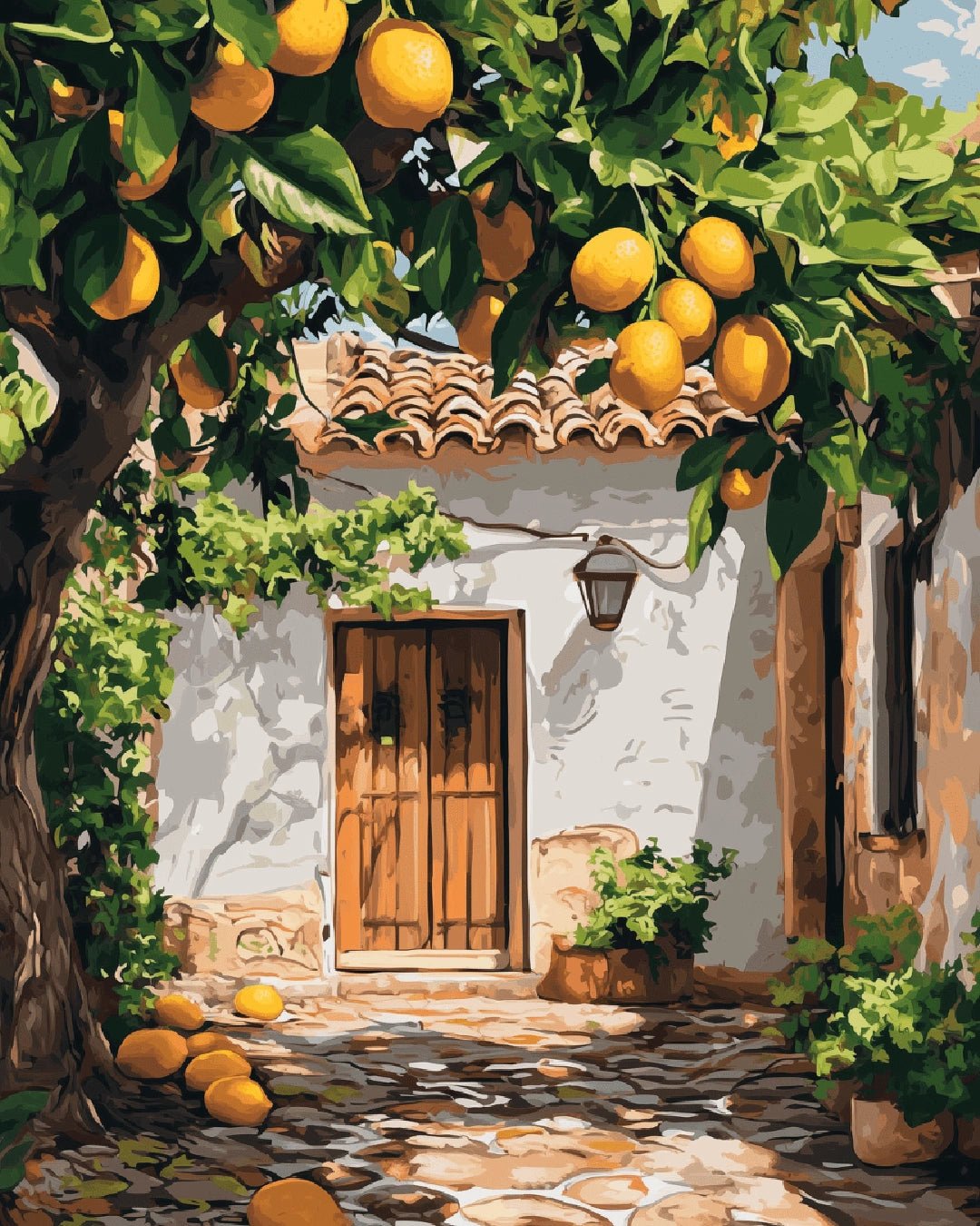 Raw landscape image of Lemon Yard paint by numbers kit with lemons hanging over a cozy courtyard cottage by Tinta Canvas