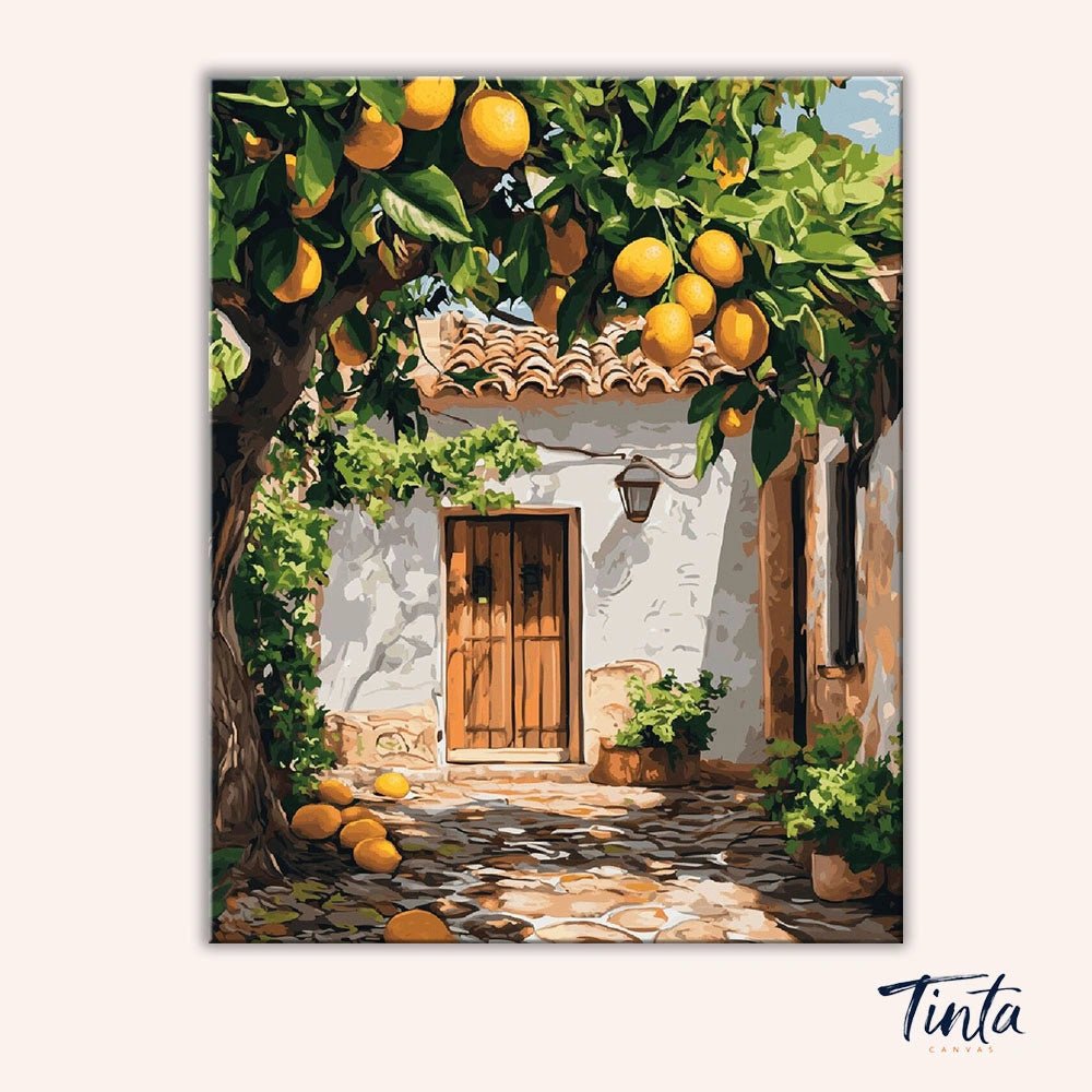 Clean artwork of Lemon Yard paint by numbers kit featuring a rustic white cottage under vibrant lemon trees by Tinta Canvas