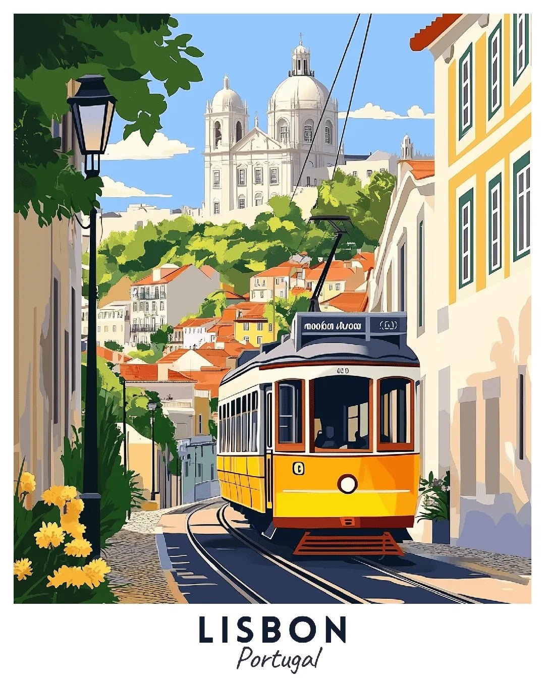 Lisbon Portugal paint by numbers canvas showing iconic tram, narrow streets, colorful buildings, and historic hillside cityscape