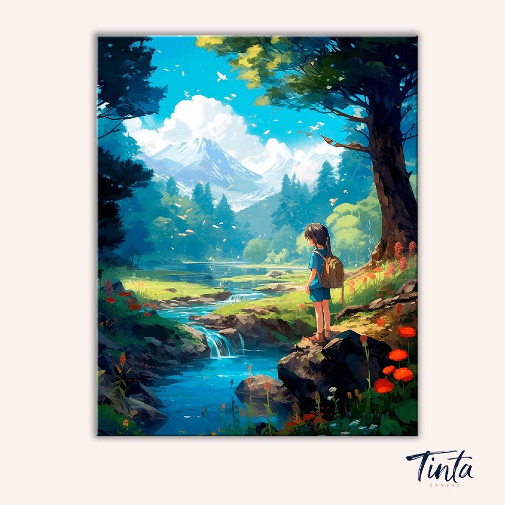 Clean artwork of the Little Explorer paint by numbers kit featuring a child exploring a mountain forest beside a flowing stream by Tinta Canvas