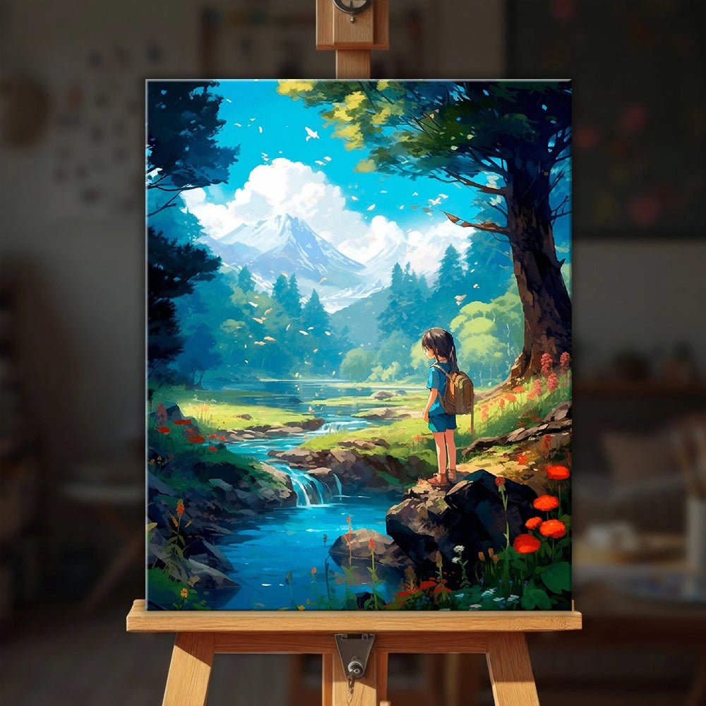 Little Explorer paint by numbers kit displayed on an easel showing a peaceful nature scene with a young explorer and mountain backdrop by Tinta Canvas