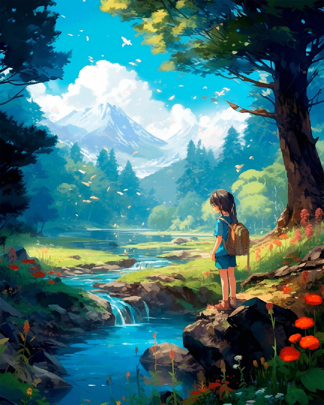 Raw landscape artwork from the Little Explorer paint by numbers kit showing a forest stream, flowers, and distant mountains by Tinta Canvas