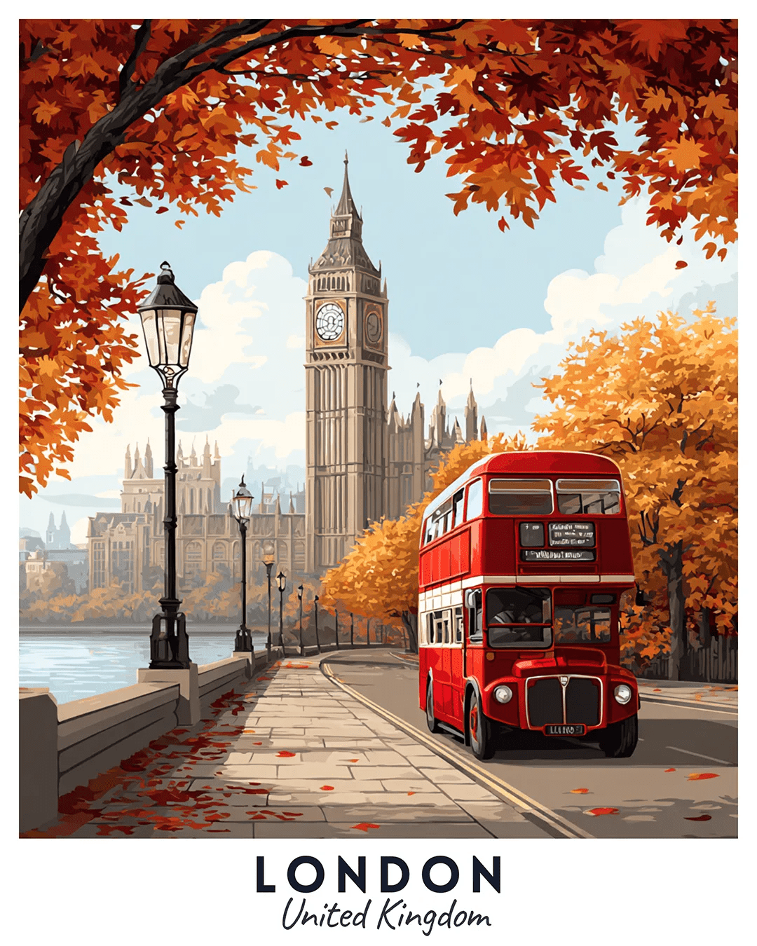 London United Kingdom paint by numbers canvas showing red bus, Big Ben clock tower, autumn foliage, and classic city street scene
