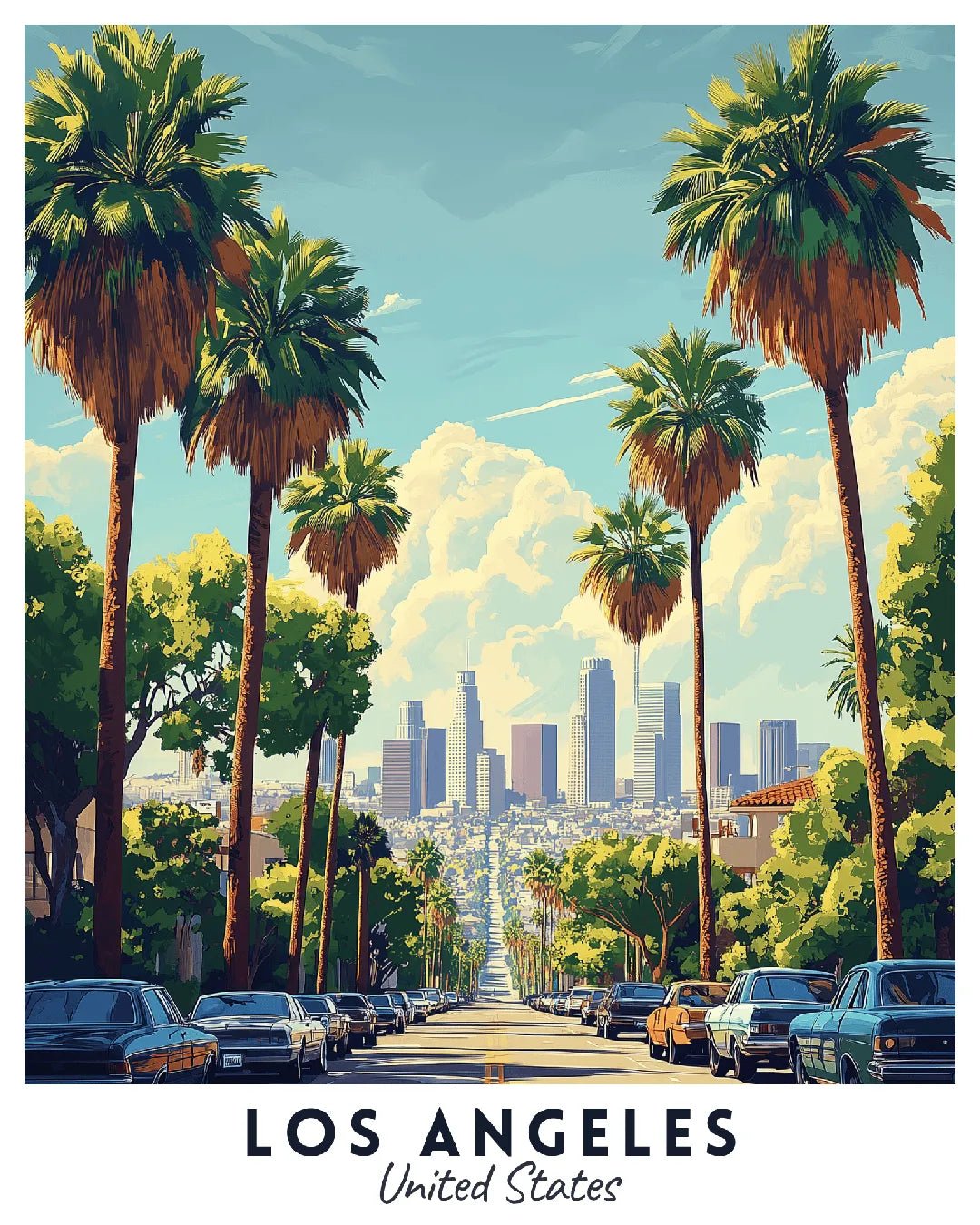 Los Angeles United States paint by numbers canvas featuring palm-lined boulevard, sunny sky, urban skyline, and California city scenery