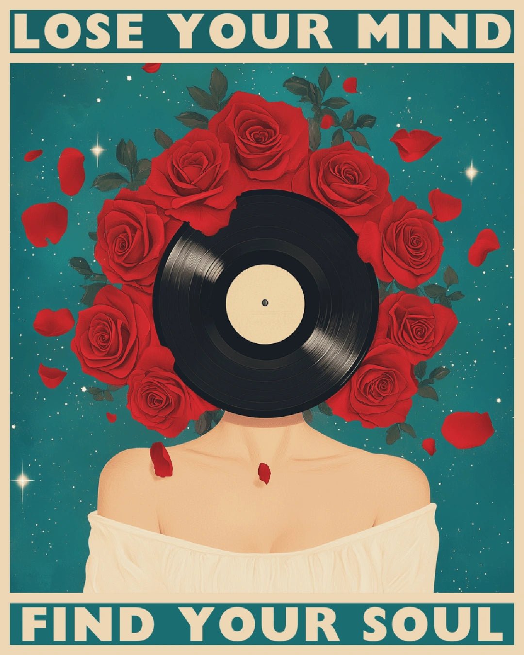 Lose Your Mind, Find Your Soul paint by numbers canvas featuring a vinyl record face and red roses