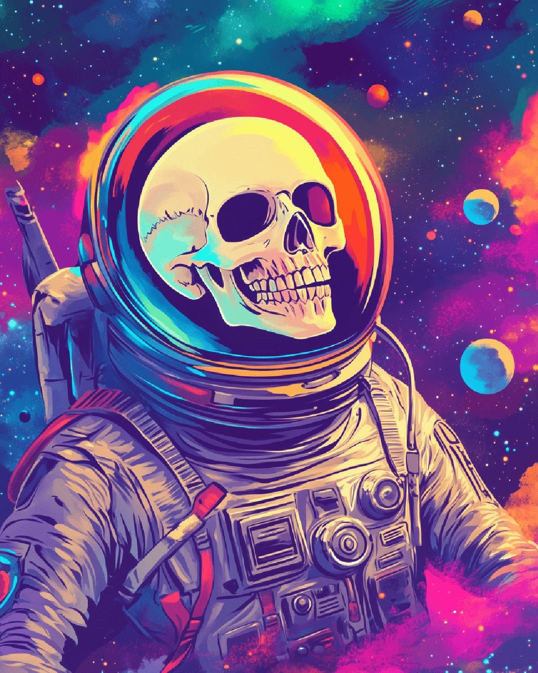 Space-themed paint by numbers canvas with an astronaut skull and vibrant galaxy background