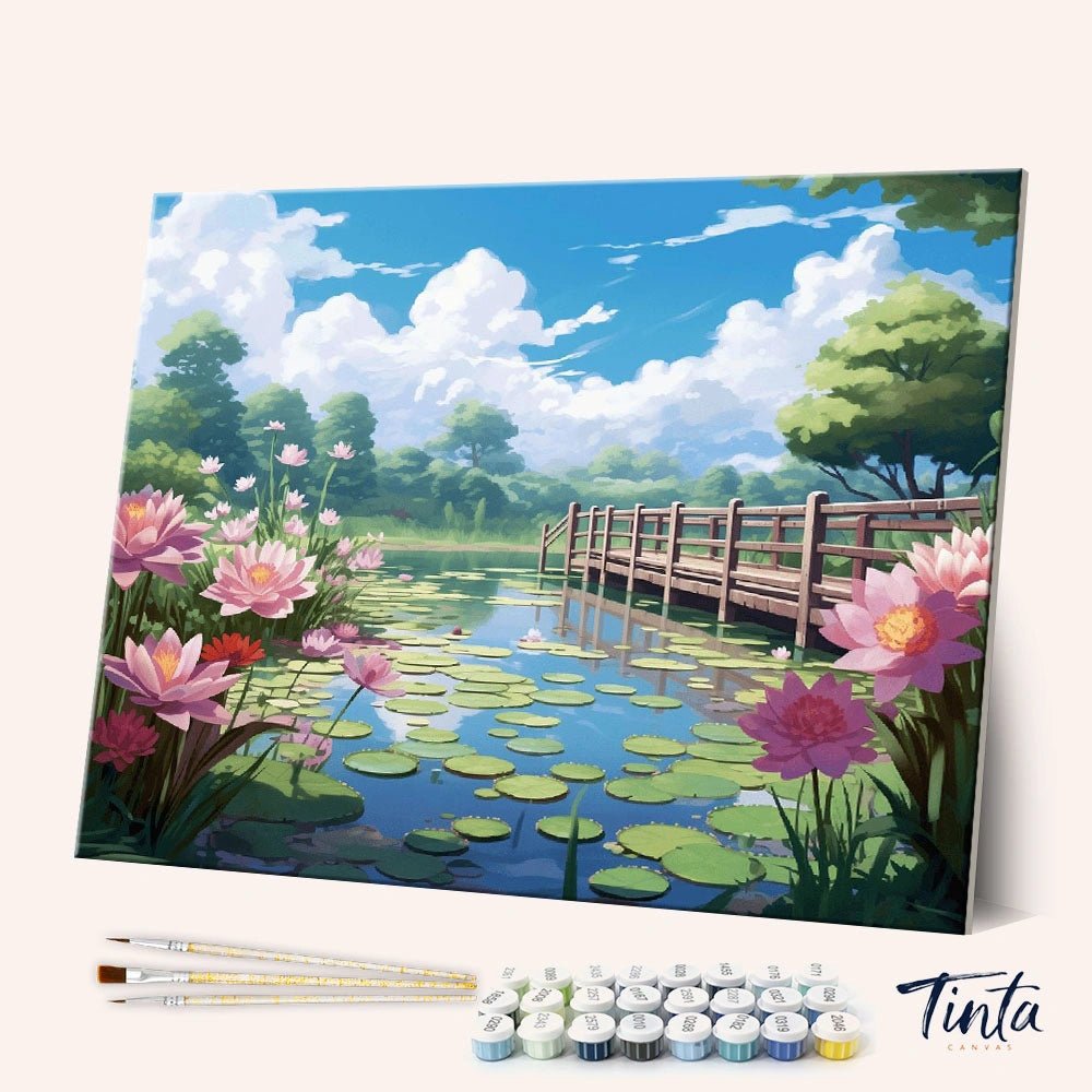 Angled view of Lotus Bridge Calm paint by numbers kit showing a peaceful wooden bridge over a lotus pond by Tinta Canvas
