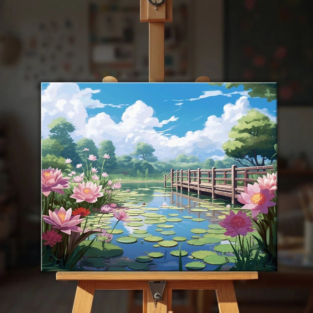 Lifestyle display of Lotus Bridge Calm paint by numbers kit on an easel showing a tranquil lotus pond scene by Tinta Canvas