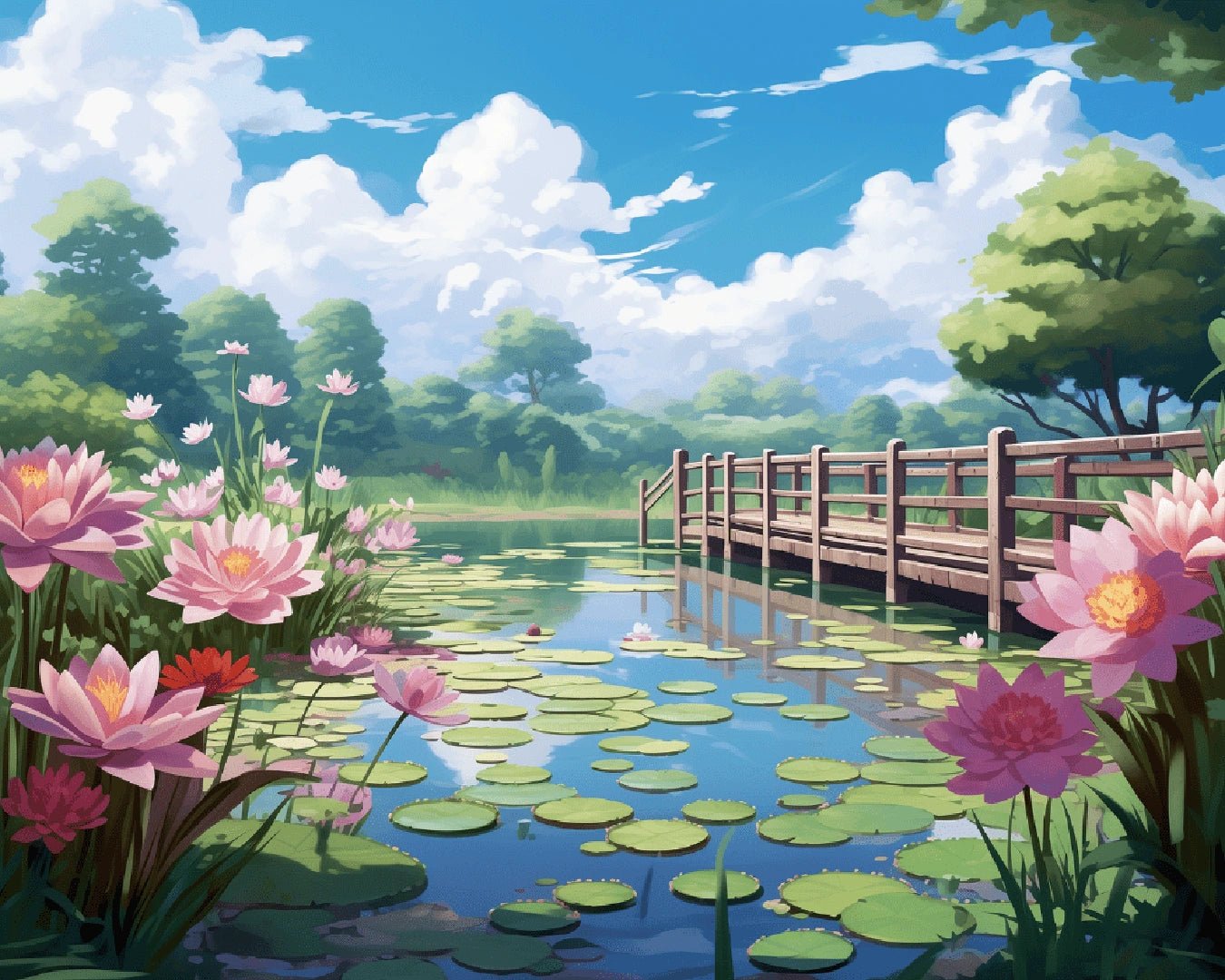 Raw landscape image of Lotus Bridge Calm paint by numbers kit with blooming lotus flowers beside a calm bridge by Tinta Canvas 