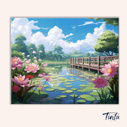 Clean artwork of Lotus Bridge Calm paint by numbers kit featuring pink lotus flowers and a wooden bridge by Tinta Canvas