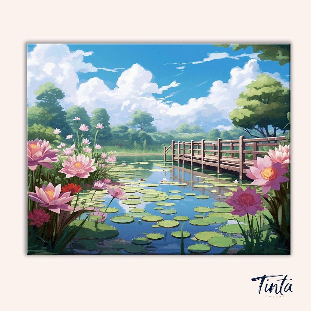 Clean artwork of Lotus Bridge Calm paint by numbers kit featuring pink lotus flowers and a wooden bridge by Tinta Canvas