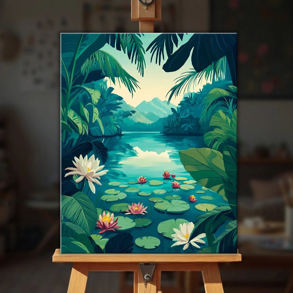 Lotus Lagoon paint by numbers kit displayed on easel highlighting a calm lagoon filled with lotus flowers and vibrant jungle greenery by Tinta Canvas