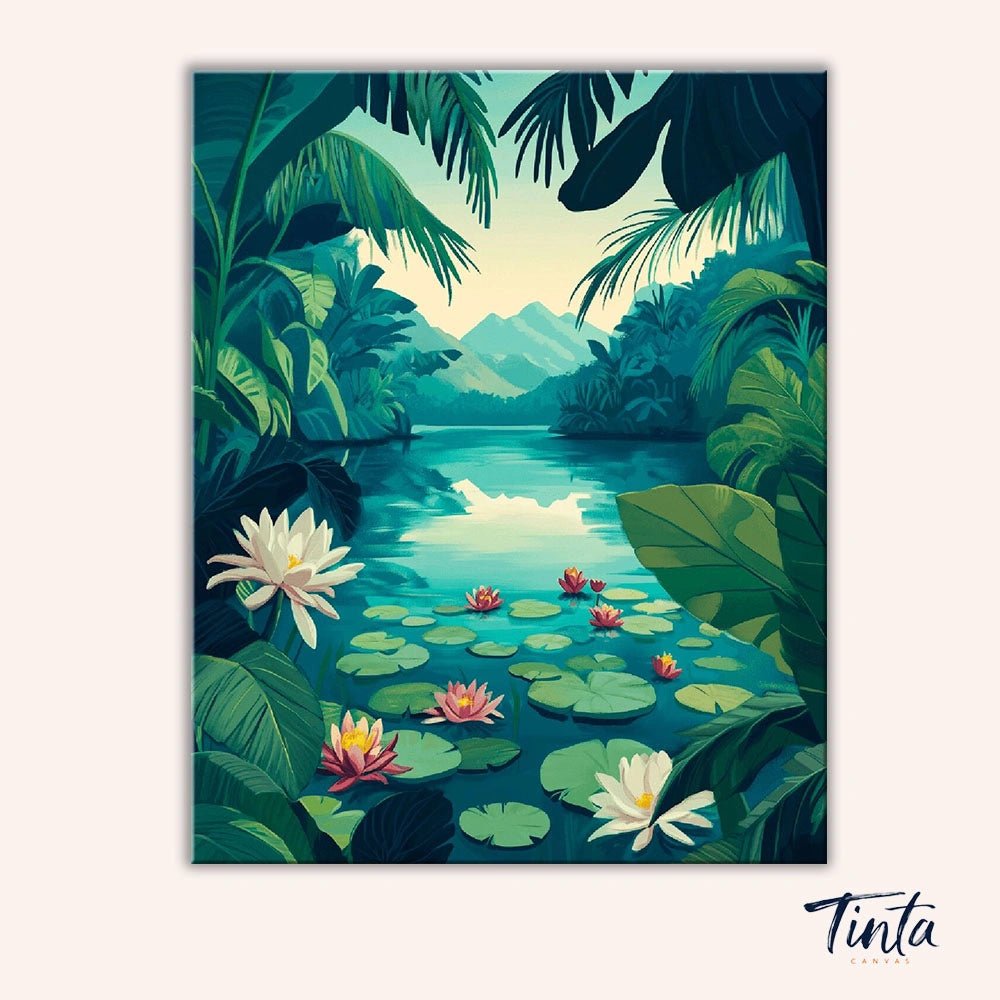 Clean artwork of Lotus Lagoon paint by numbers kit showing a peaceful lotus pond surrounded by tropical foliage and distant mountains by Tinta Canvas