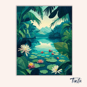 Clean artwork of Lotus Lagoon paint by numbers kit showing a peaceful lotus pond surrounded by tropical foliage and distant mountains by Tinta Canvas