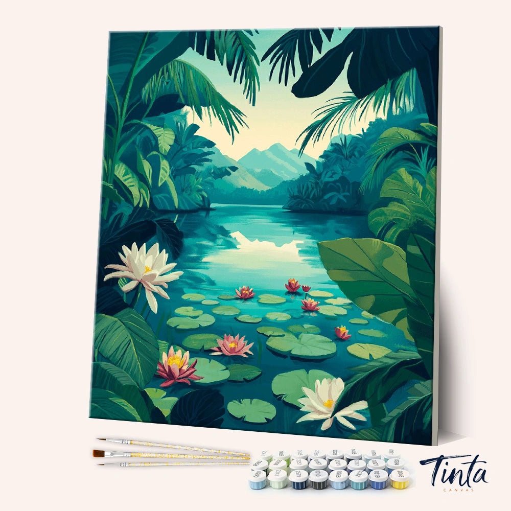 Angled display of Lotus Lagoon paint by numbers kit featuring a tranquil tropical lagoon with blooming lotus flowers and lush jungle leaves by Tinta Canvas