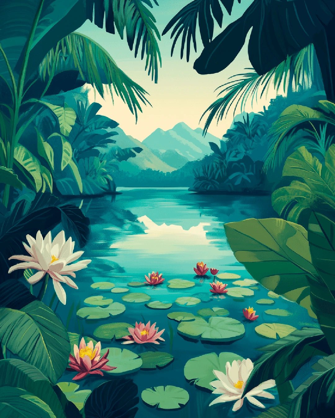 Raw landscape image of Lotus Lagoon paint by numbers kit featuring floating water lilies and lotus flowers in a serene tropical lagoon scene by Tinta Canvas