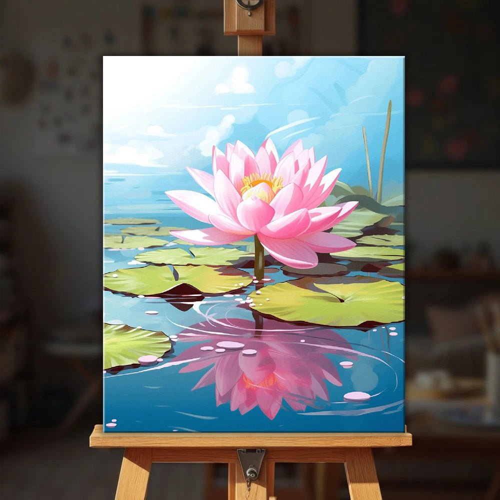 Lotus Reflection paint by numbers kit displayed on an easel showing a serene lotus flower and water reflection scene by Tinta Canvas