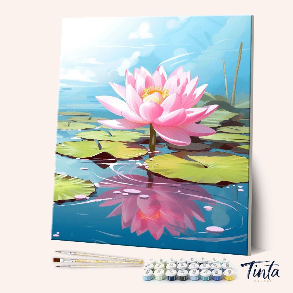 Lotus Reflection paint by numbers kit showing a pink lotus flower blooming on calm water with lily pads and reflection by Tinta Canvas