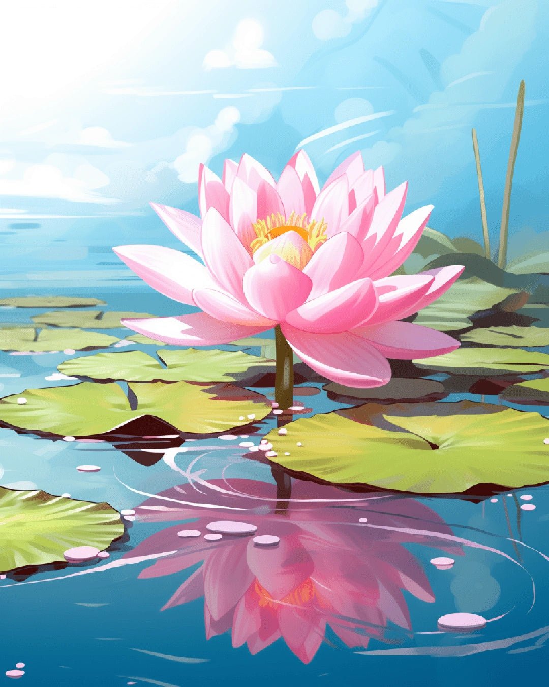 Lotus Reflection paint by numbers kit landscape showing a blooming lotus with green lily pads reflecting in clear water by Tinta Canvas