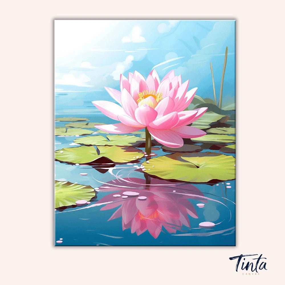 Lotus Reflection paint by numbers kit artwork featuring a bright pink lotus flower floating on a peaceful blue pond by Tinta Canvas