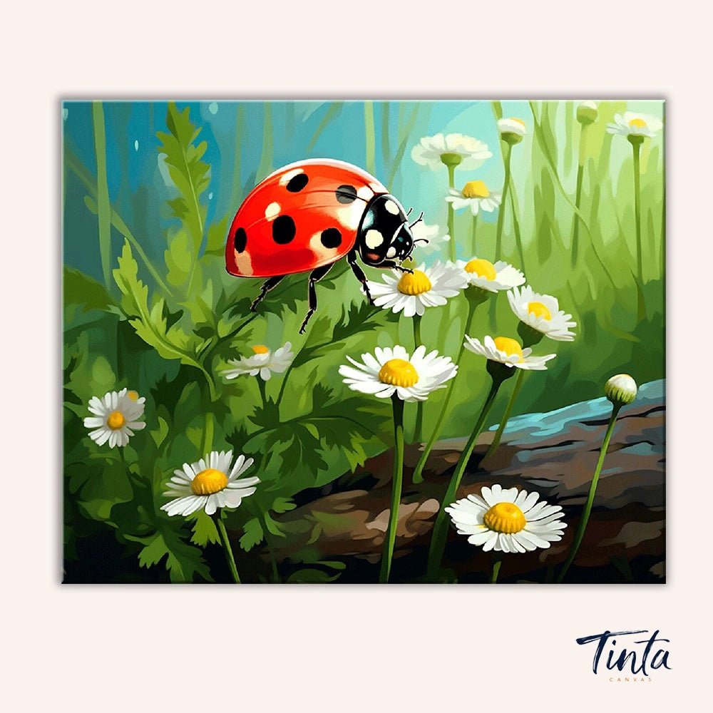 Clean artwork of Lucky Ladybug paint by numbers kit featuring a bright red ladybug on blooming white daisies in a sunny meadow by Tinta Canvas
