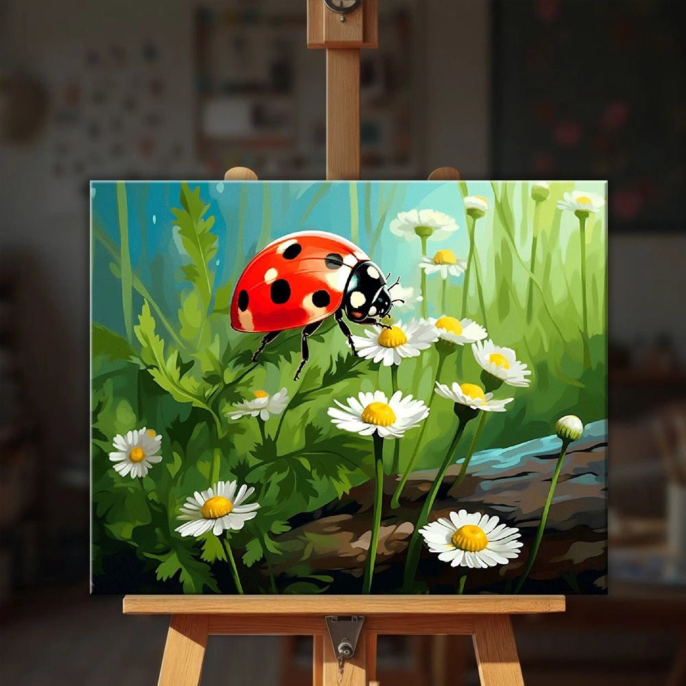 Lucky Ladybug paint by numbers kit displayed on easel highlighting a vibrant ladybug surrounded by fresh green grass and daisies by Tinta Canvas