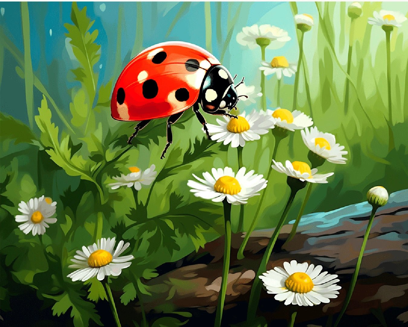 Raw landscape image of Lucky Ladybug paint by numbers kit showing a vivid red ladybug crawling across daisies and garden foliage by Tinta Canvas