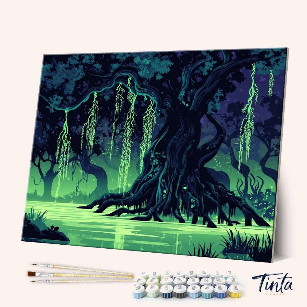 Angled display of the Luminous Willow paint by numbers kit showing a glowing willow tree over a mystical night pond by Tinta Canvas