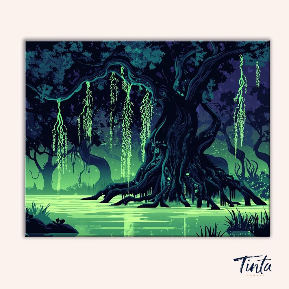 Clean artwork of the Luminous Willow paint by numbers kit featuring a magical willow tree with glowing branches in a dark forest by Tinta Canvas