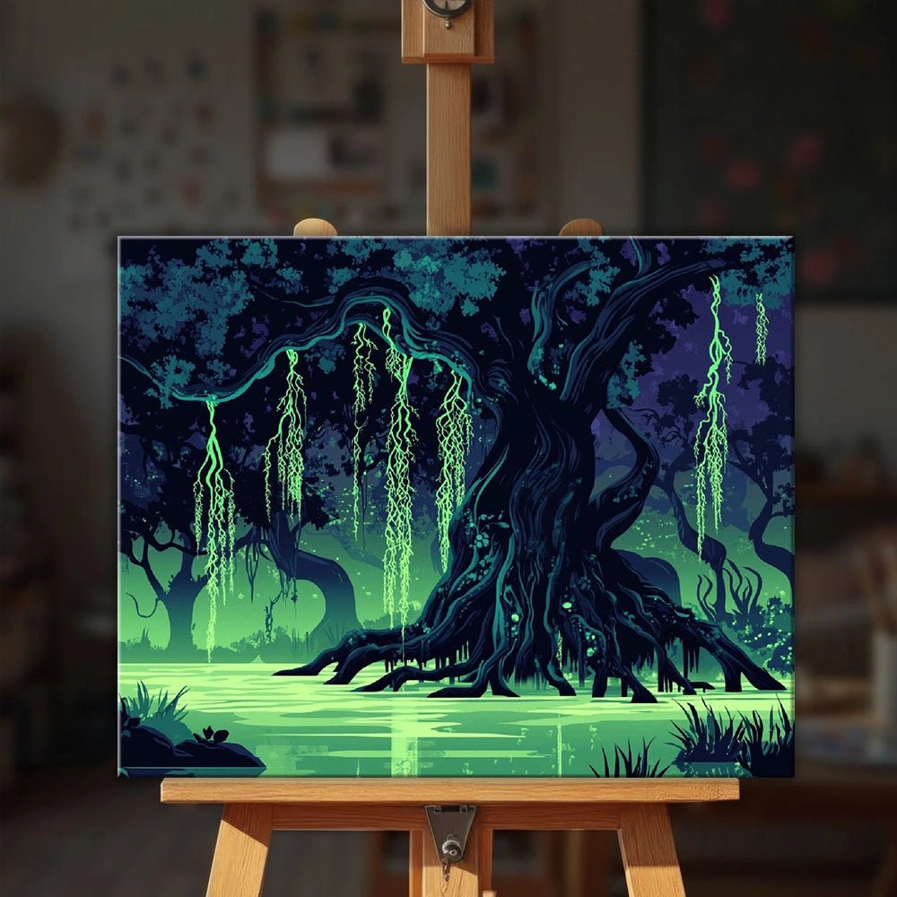 Luminous Willow paint by numbers kit displayed on an easel showing a mystical tree glowing above a quiet reflective pond by Tinta Canvas