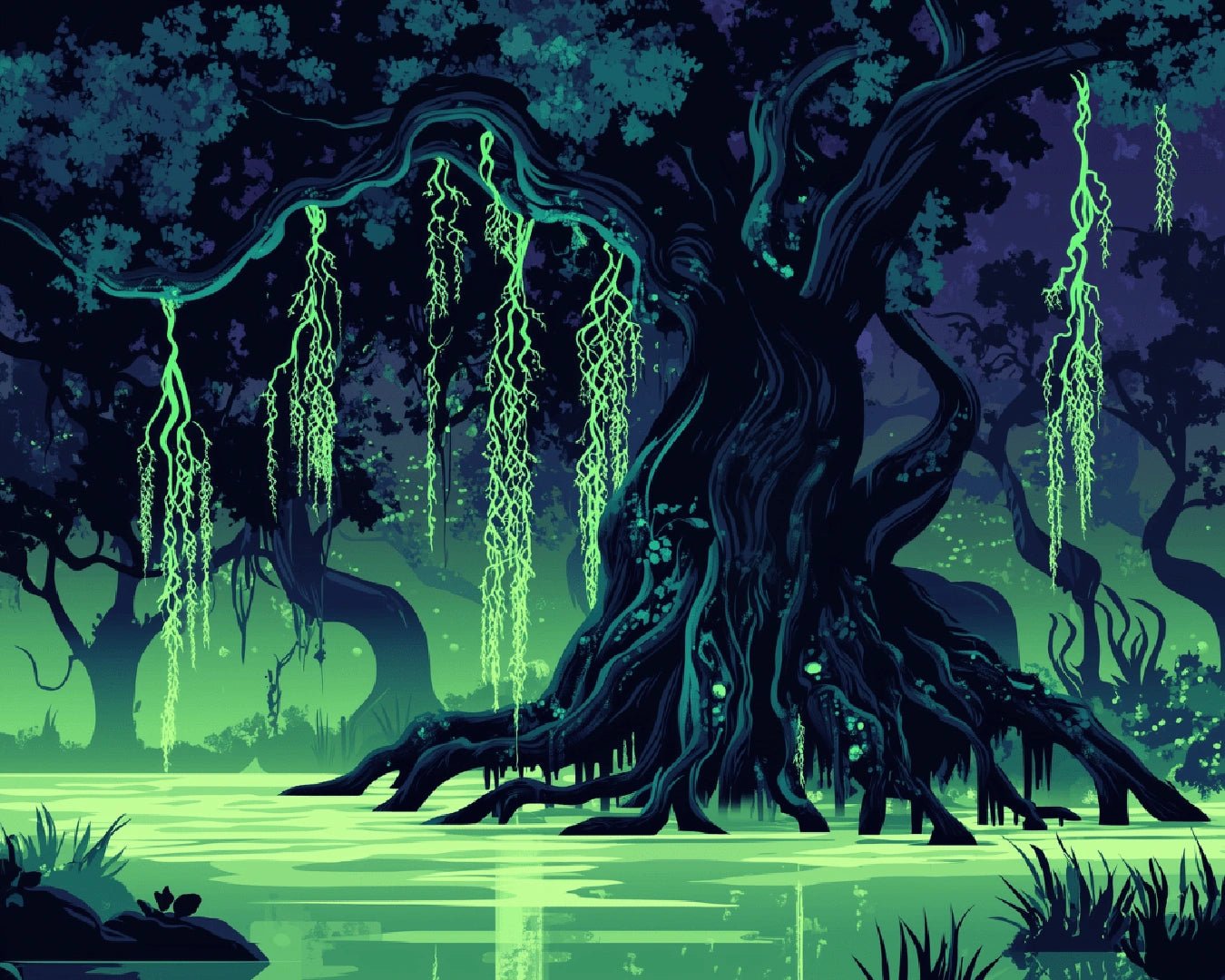 Raw artwork from the Luminous Willow paint by numbers kit featuring a radiant willow tree illuminating a tranquil night swamp by Tinta Canvas