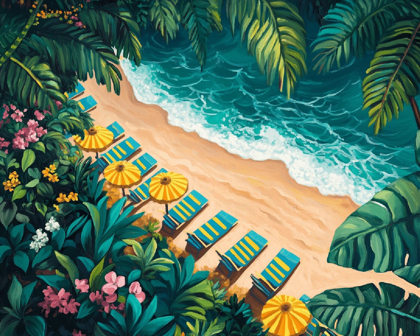 Beach paint by numbers canvas with lush greenery, palm trees, and calm ocean waves