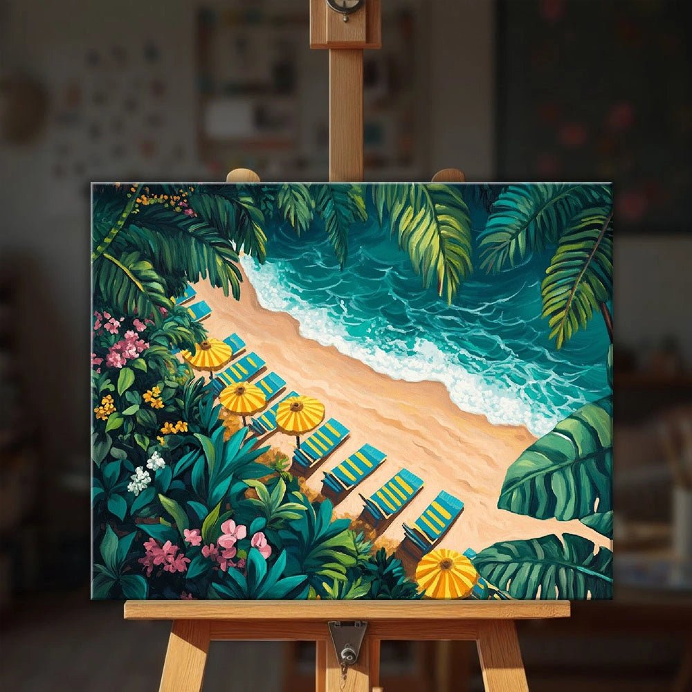 Lush Beach paint by numbers kit displayed on an easel showing a tropical beach scene with palm trees and ocean waves by Tinta Canvas