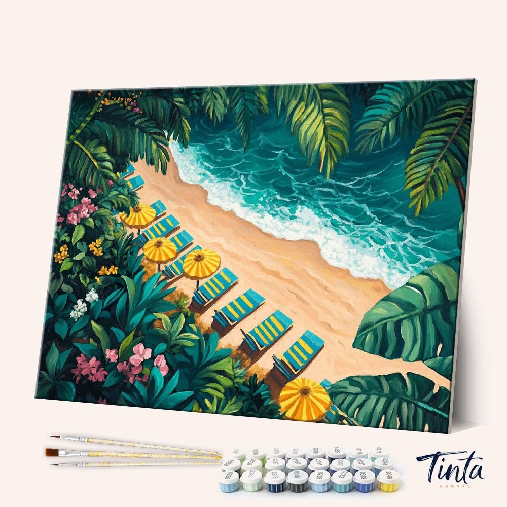 Lush Beach paint by numbers kit showing a tropical shoreline with turquoise waves and colorful beach umbrellas by Tinta Canvas