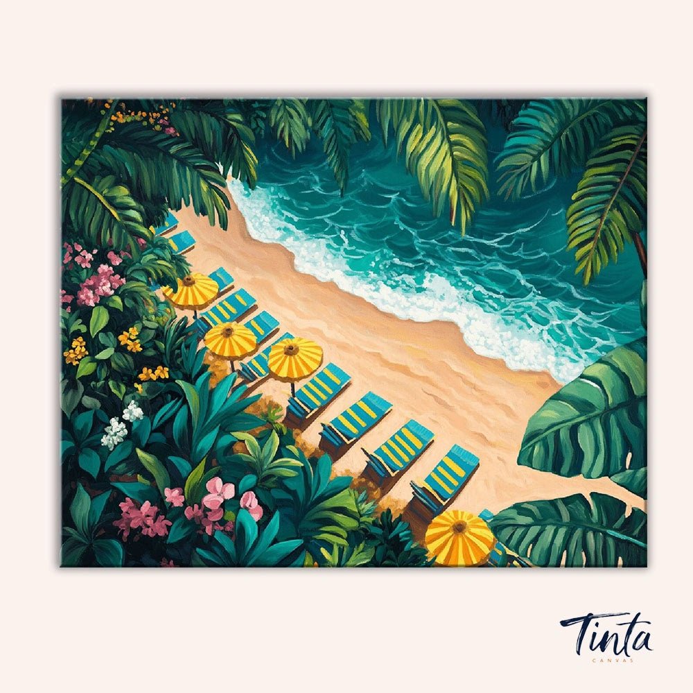 Lush Beach paint by numbers kit artwork featuring a vibrant beach with palm leaves and relaxing seaside lounge chairs by Tinta Canvas