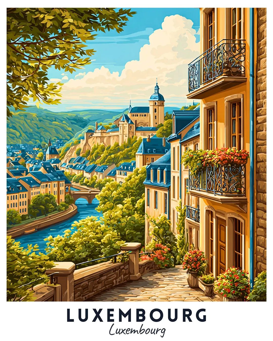 Luxembourg paint by numbers canvas featuring old town architecture, river view, hillside buildings, and lush European landscape